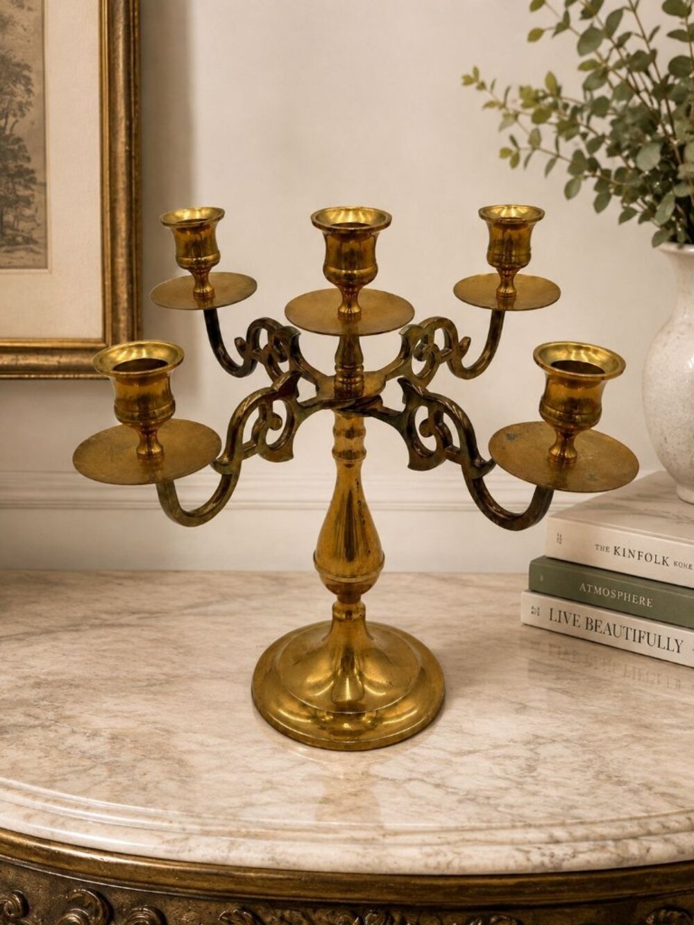 Vintage Brass 5-Arm Candelabra Candle Holder Made In India Home Décor Or Events